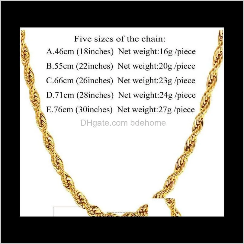 New Hip Hop 18K Gold Plated Stainless Steel 3MM Twisted Rope Chain Women`s Choker Necklace for Men Hiphop Jewelry Gift in Bulk