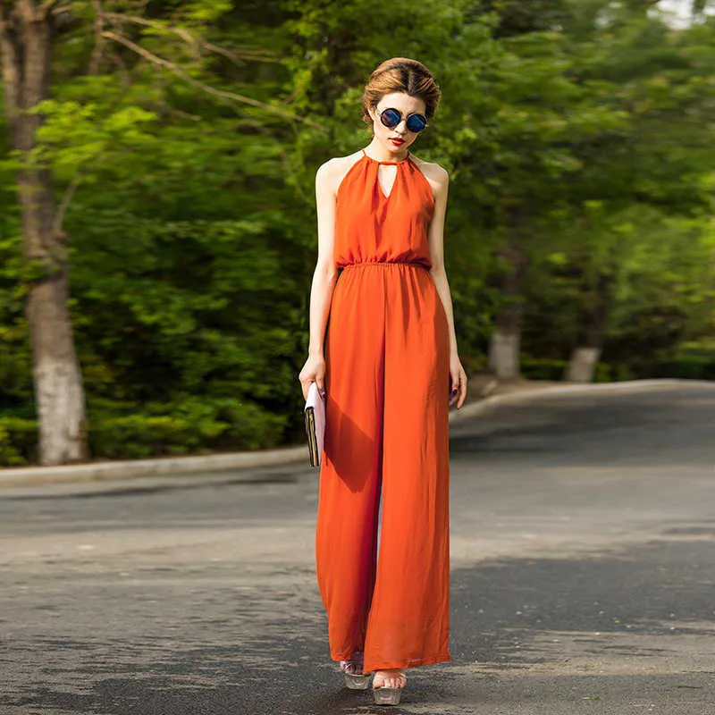 Beach Style Jumpsuit for Women Summer Chiffon Bohemian Elegant Orange Full Length Party Red Rompers Plus Size 3XL 4XL 210625