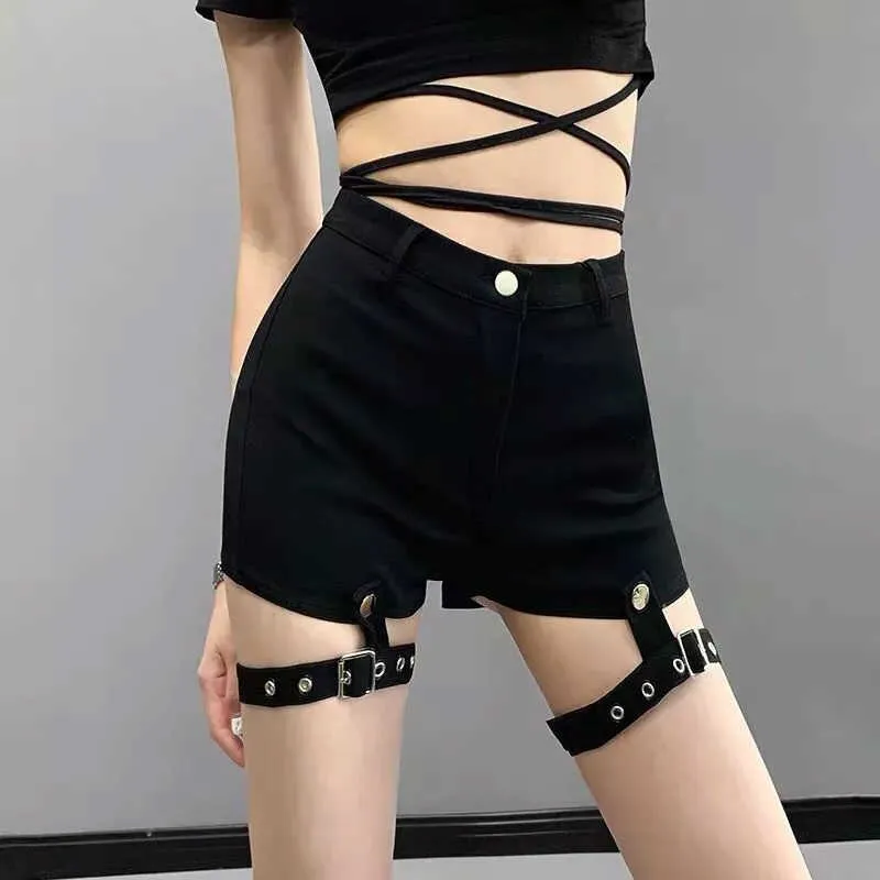 Shorts Sexy Short Jeans Women Casual Denim booty Shorts Hollow Out Bandage Punk High Waist Slim Black Denim Shorts Women 210527