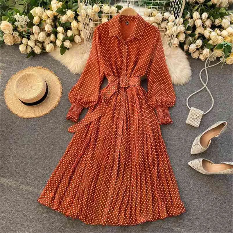 Bahar ve Yaz Fransız Vintage Maxi Elbise Sundress Bayanlar Uzun Kollu Turuncu Polka Dot Şifon Pileli Elbiseler Femme Robe 210806