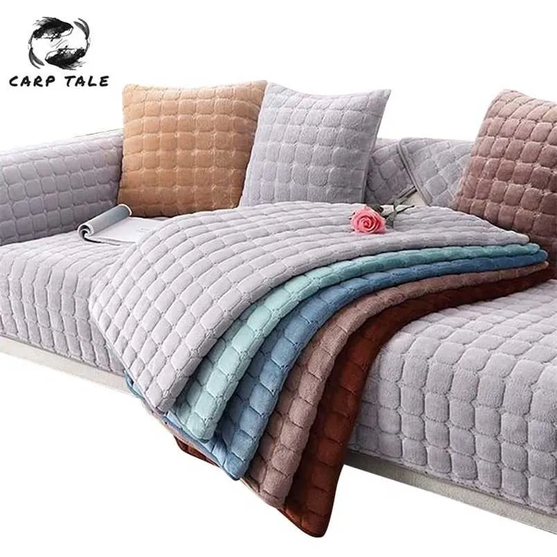 Thicken Plush Sofa Cover Soft Sofa Towel Cushion Solid Color Corner Sofa Covers For Living Room Decor Slip Resistant Couch Cover 211102