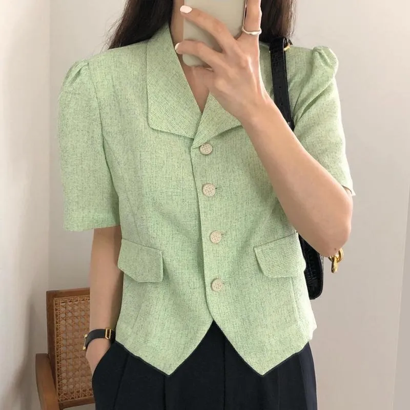 Costumes pour femmes Blazers coréen Chic été français vert revers simple boutonnage ample sauvage à manches courtes costume veste femme