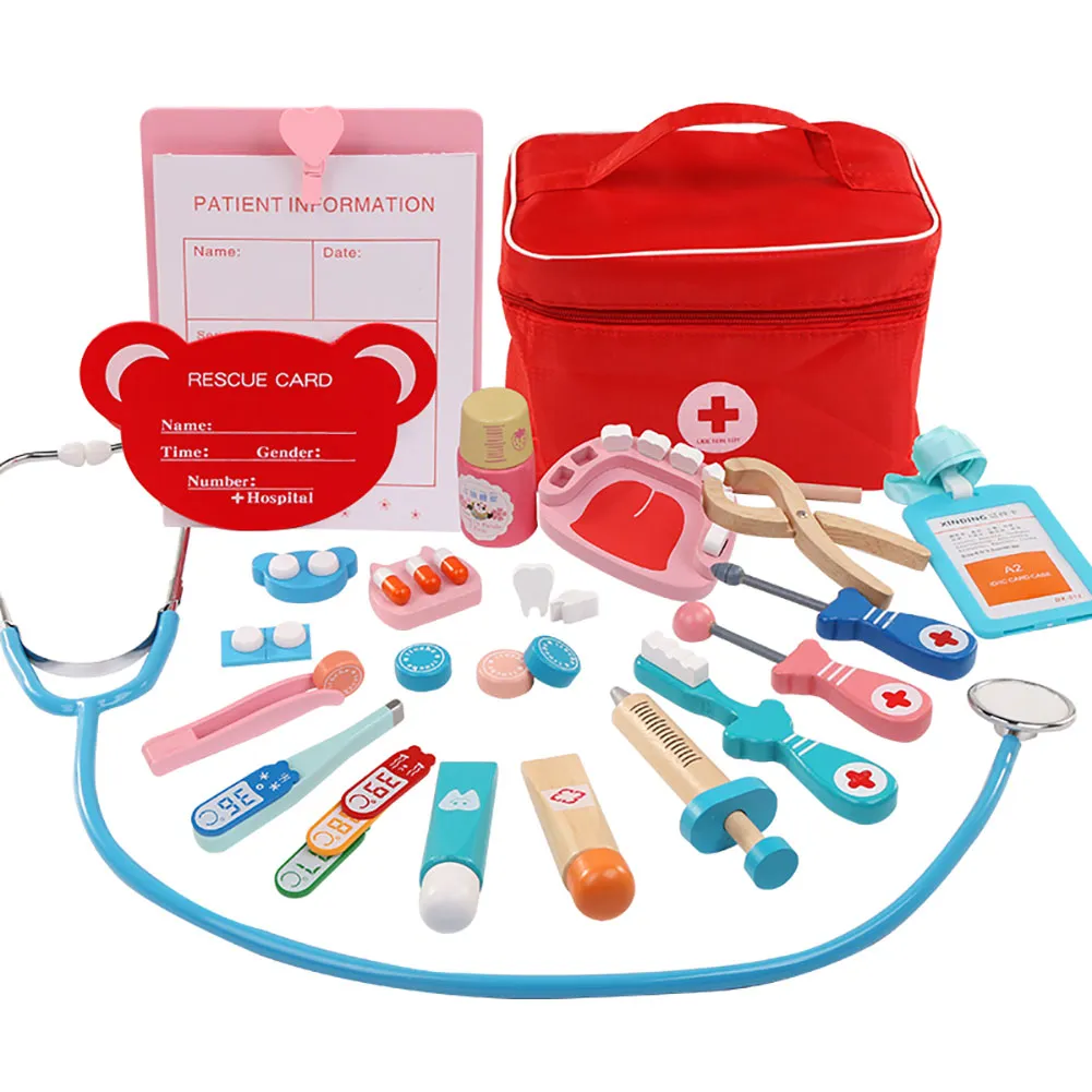 Doctor Kit para crianças, fingir brinquedos dentistas para crianças, 23pcs Kit de Doctor de Brinquedo de Madeira com estetoscópio realista e bolsa de mão