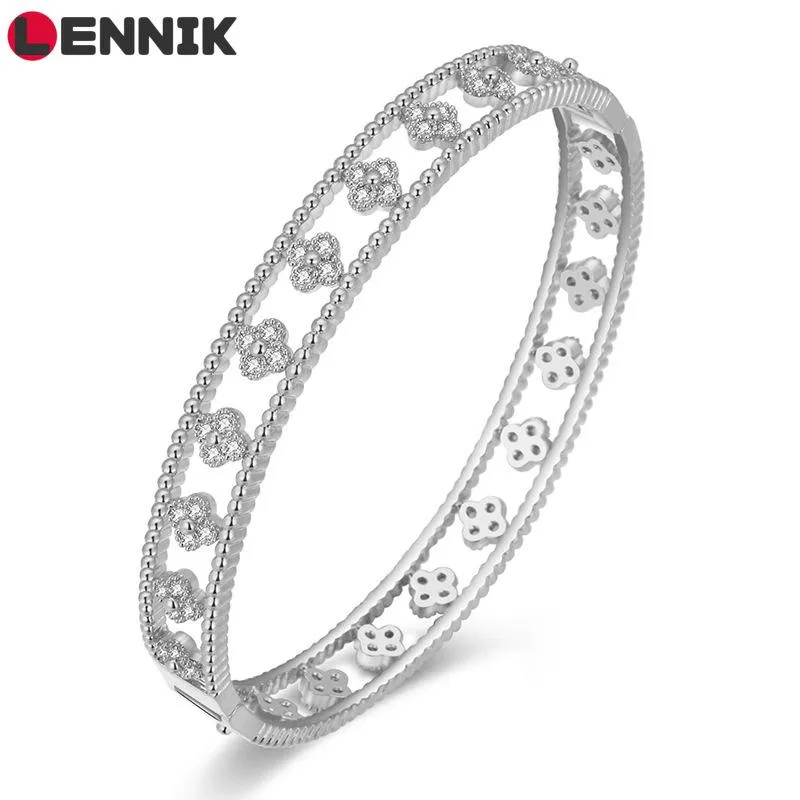 Brazalete LENNIK Trébol de cuatro hojas con incrustaciones de circonio Pulsera de cobre con diseño Romántico Personalidad simple Accesorios creativos B227299z