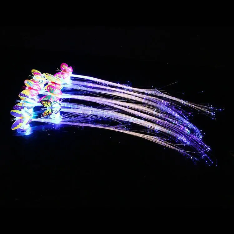 LED aydınlık renkli kelebek örgü flaş optik fiber filament peruk saç çubuğu push küçük hediye oyuncaklar