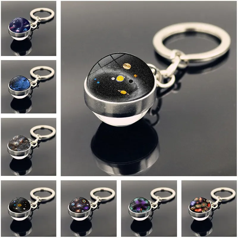 مزدوج الكرة الزجاجية الكون النجم Keychain Solar Moon Keyring Key Holders Bag Hangs Fashion Jewelry Gift Will and Sandy