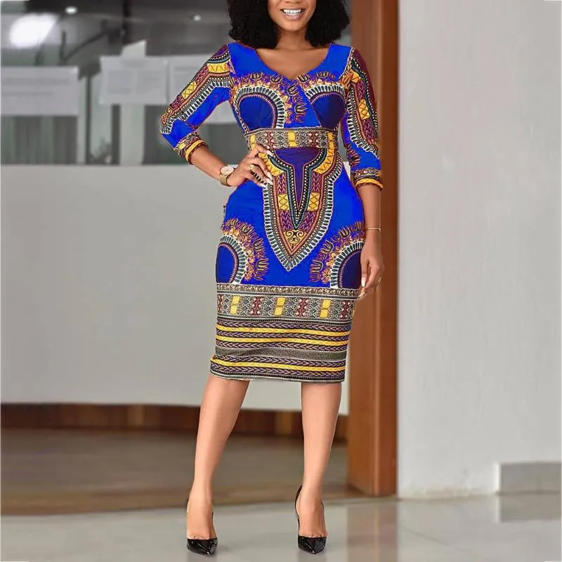 Casual Dresses African Ladies Elegant Wrist High midja V Neck Vintage for Work Office Fashion Slim Vestidos Dress Midi 2022 888