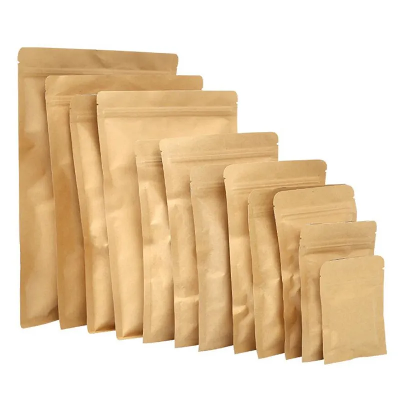 100 pçs / lote Folha de alumínio Kraft Paper Bags Stand Up Bolsa de Bolsa REUSABLE SALING SACO para o lanche do chá de comida