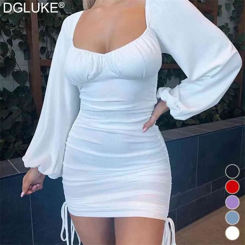 White Long Sleeve Bodycon Dress Women Summer Off Shoulder Sexy Mini Dress Drawstring Ruched Puff Sleeve Short Party Dress Black 210719