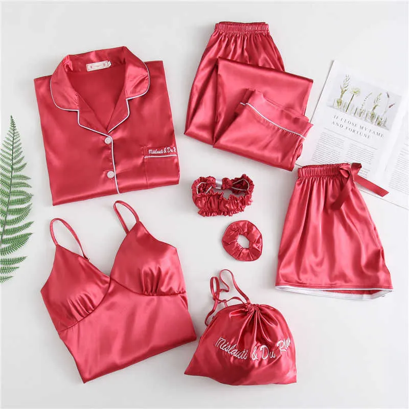 Kobiety Sleepwear 7 sztuk Stich Piżamy Dla Kobiet Pijama Homewear Wiosna Lato Szata Zestawy Piżamy Damskie Piżama Duży Rozmiar Sleep Topy 210622