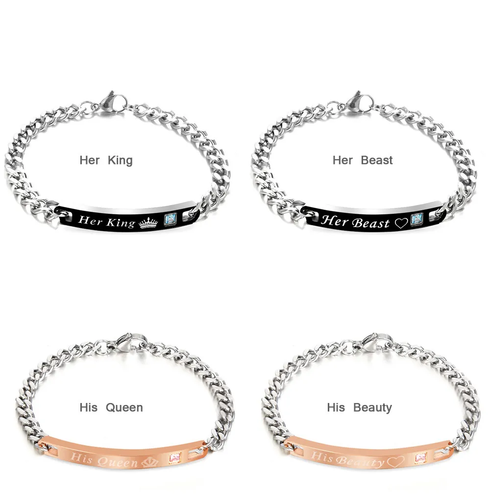 Acier inoxydable alliage couple lien chaîne Bracelets Europe or rose noir sa reine son roi impression amoureux bracelet jonc pour le cadeau de la Saint-Valentin