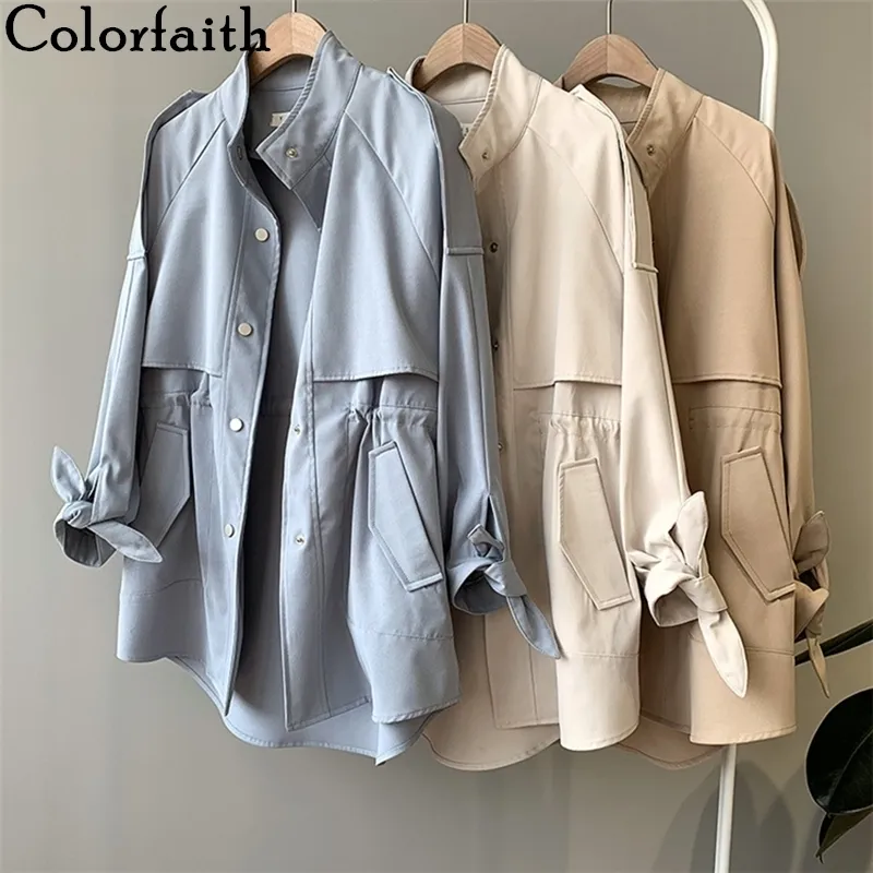 Colorfaith New Autunno Inverno Donna Cargo Giacca a vento con coulisse Tasche vintage Capispalla Oversize Trench Top JK0241 201103