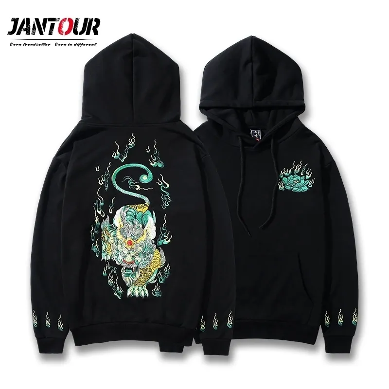 Jantour Marque Hommes À Capuche Style Japonais Broderie Chinois Licorne À Capuche 100% Coton Harajuku Sweat Hoodies Hommes 3XL 4XL 201128