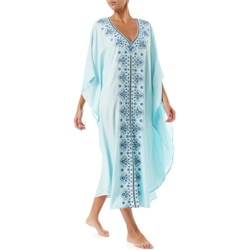 Blue Embroidered Loose Robe Summer Bat Sleeve Cotton Swimsuit Cover Up Plus Size Casual Bohemian Beach Ups for Women Cloth 210604