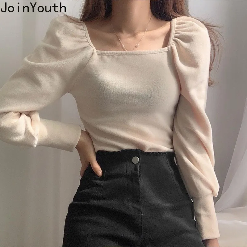 Joinyouth Thicked Velvet Shirts für Frauen Square Collar Slim Fit Blusen Sweet Puff Sleeve Female Tops Korean Fashion Bluse 210225