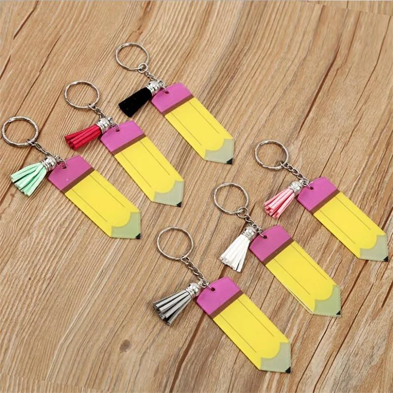 Pencil Christmas Keychain Favor Acrylic Tassel Key Ring Santa Claus Festival Gift Home Hanging Pendent