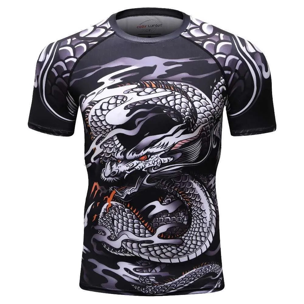 3D-Druck-T-Shirt-Männer-Fitnessstudien-Kompression T-männer Drachen-Flug-Kurzarm-Rash-Guard MMA BJJ-Tops T-210629