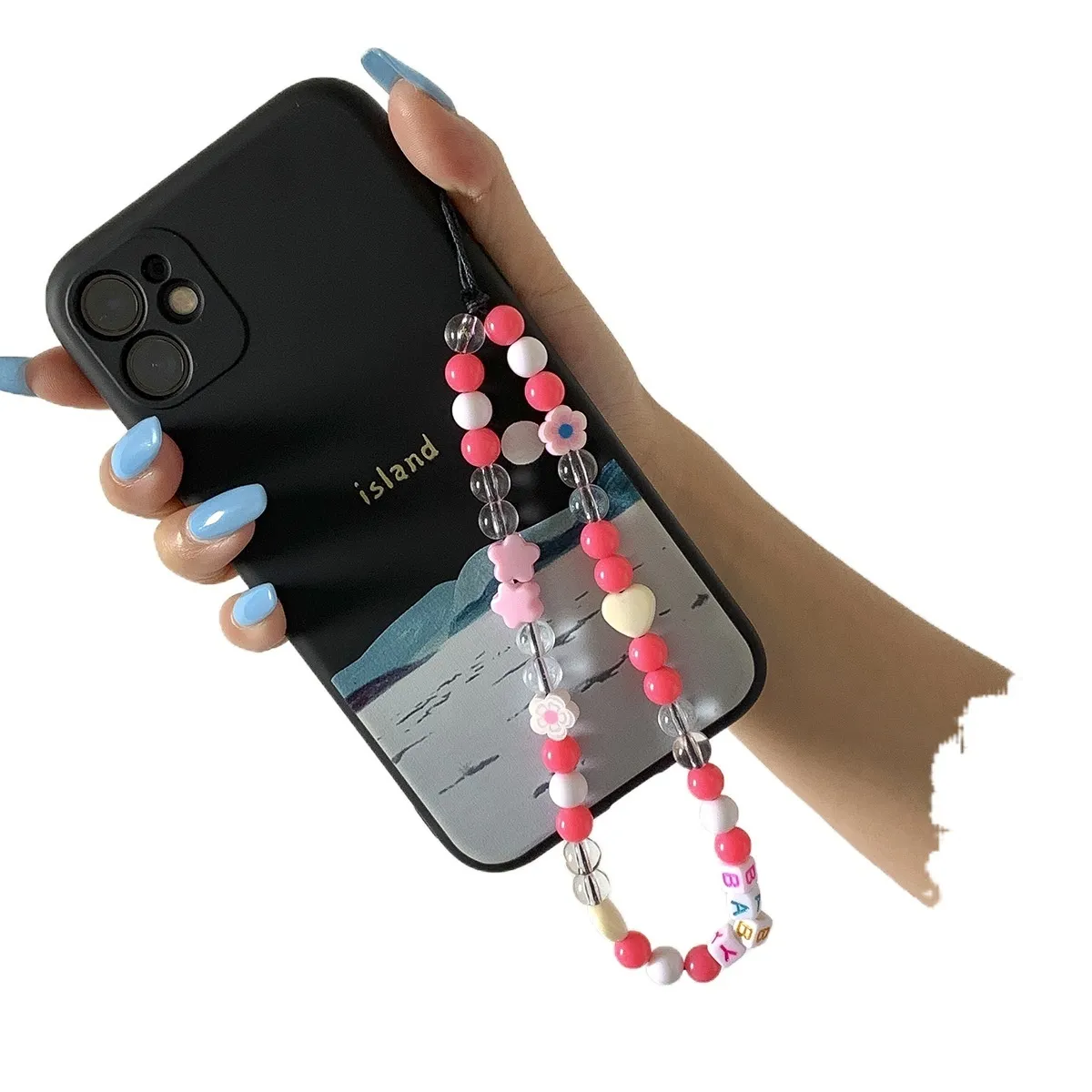 Mobiltelefonremmar, pärlor Beaed smyckekedja för mobiltelefon mode daisy akryl bokstav väska hänge vävda tillbehör