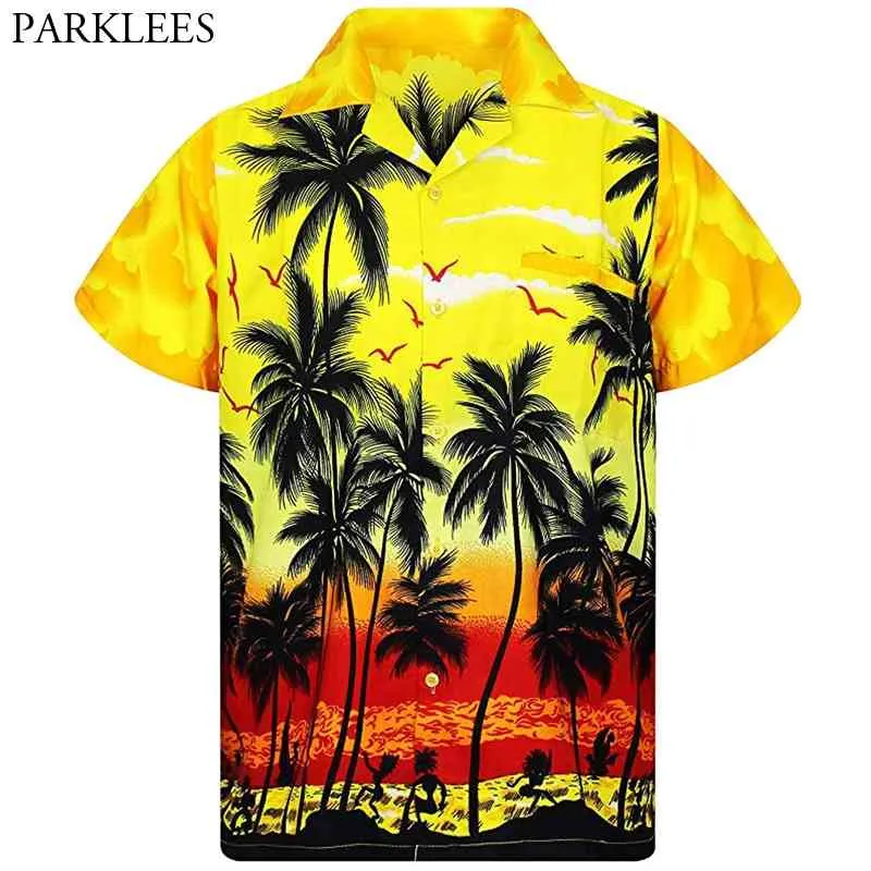 Geel Hawaiiaans strand Shirt Mannen Zomer Mode Palm Tree Printed Mens Tropische Aloha Shirts Vakantie vakantie Chemise Homme 210721