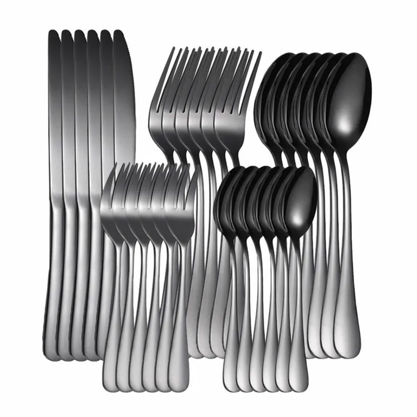 Svart bestick uppsättning gaffelsked knivbordsartiklar rostfritt stål Silver komplett 30st Kitchen Dinnerware 211229