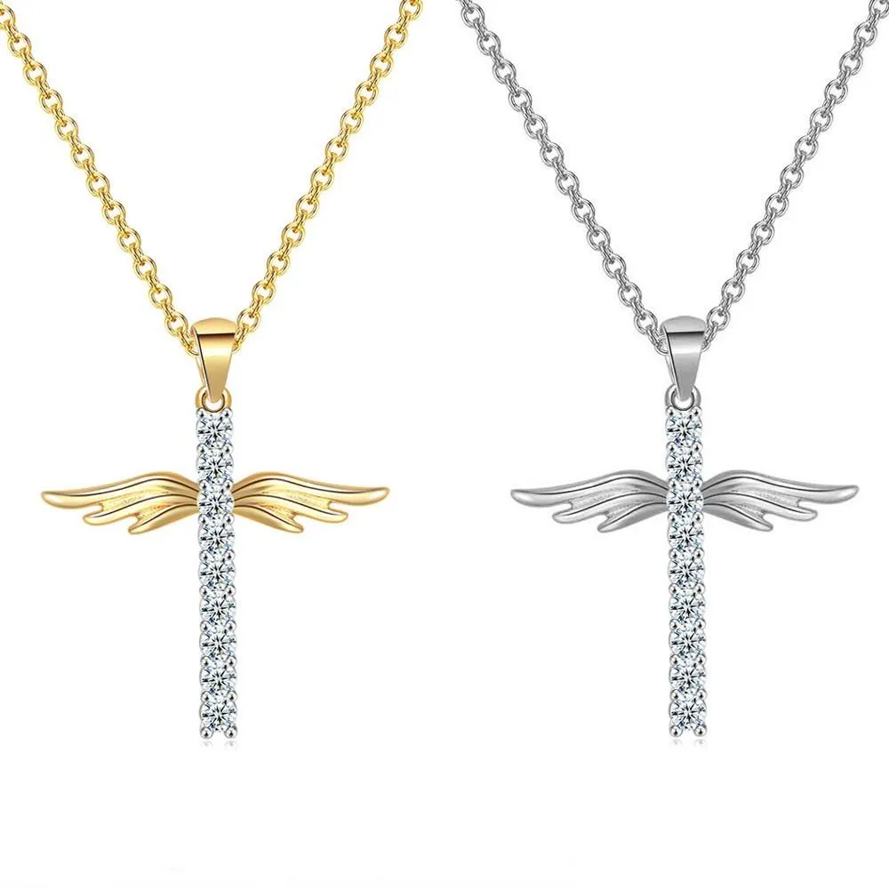 Enkelt kors Hängsmycke Halsband för kvinnor Koreanska Angel Wings Cross Zircon Fashion Silver Color Choker Chain Gift Smycken Partihandel