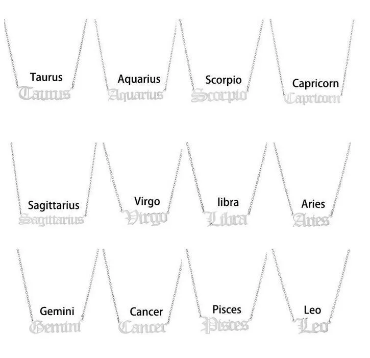 Horoscope sign pendant necklace Constellation Stainless steel zodiac letter necklaces Taurus Aquarius Scorpio Gemini Sagittarius fashion jewelry