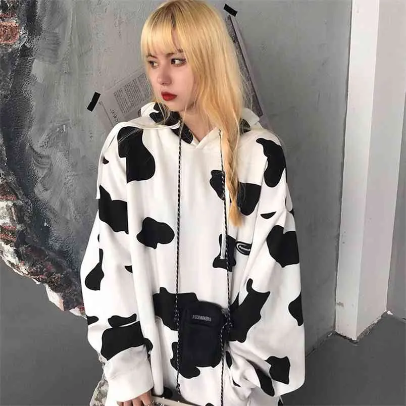 Oversized Bluza z kapturem Moda Krowa Drukuj Z Długim Rękawem Jesień Zima Bluza z kapturem Casual Luźne Pulowers Kobiet 210910