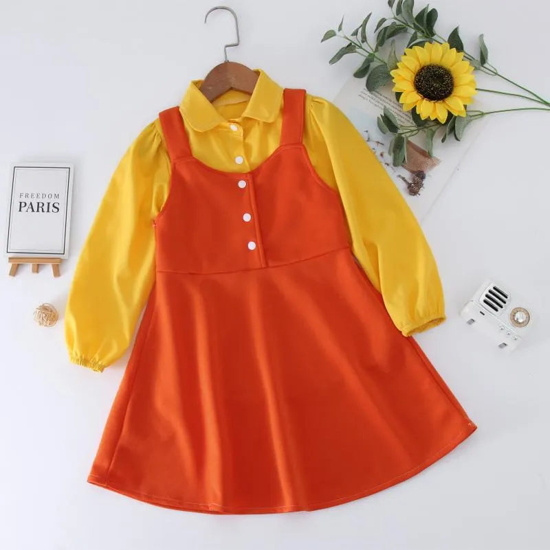 Girl's Dresses Squid ^ Game Little Girls Toddler Baby Kids Long Sleeve Solid Shirt Tops Suspender Dress Set 123 Doll Role Costume