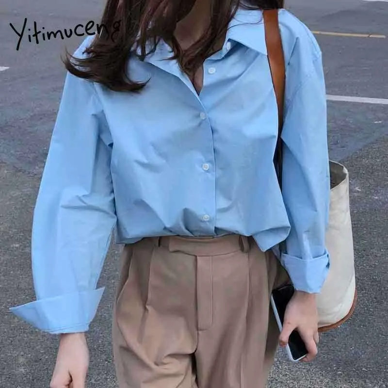 Yitimuceng Button Up Bluse Frauen Übergize Büro Dame Shirts Langarm Unicolor Blau Gelb Sommer Koreanische Mode Tops 210601