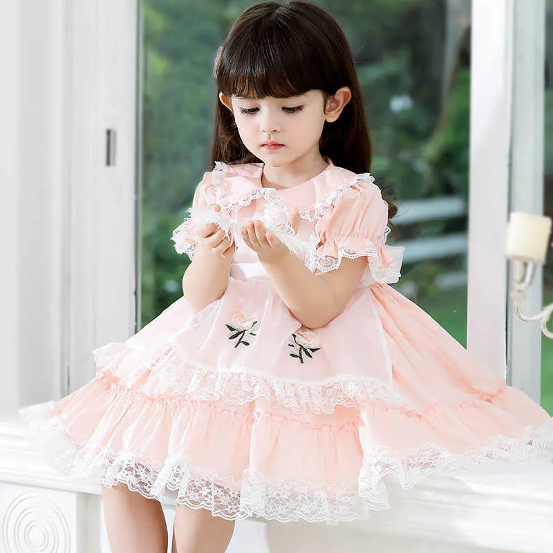 Espagnol Bébé Boutique Robe Filles Lolita Princesse Vestidos Enfants Anniversaire Eid Party Robe De Bal Enfants Rose Broderie Robes 210615