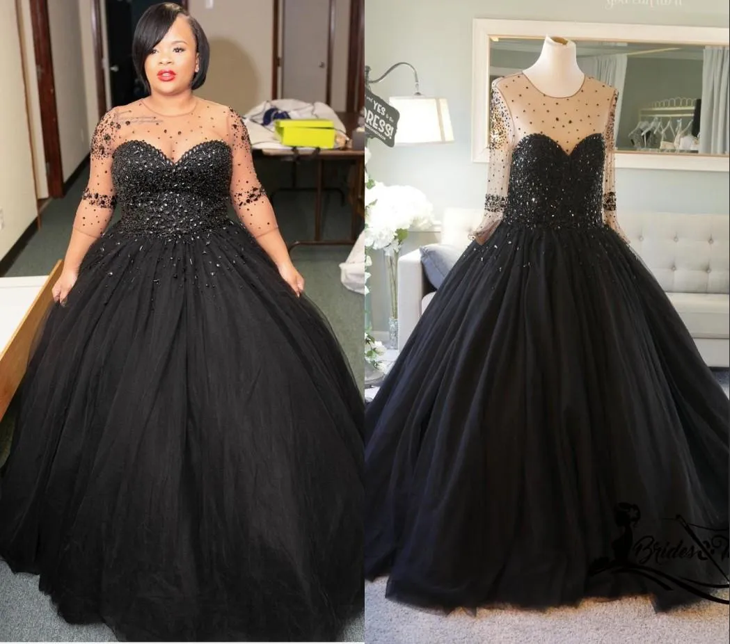 Gothic Style Wedding Dresses, Beaded Black A Line Gown, Sheer Neck Long ...