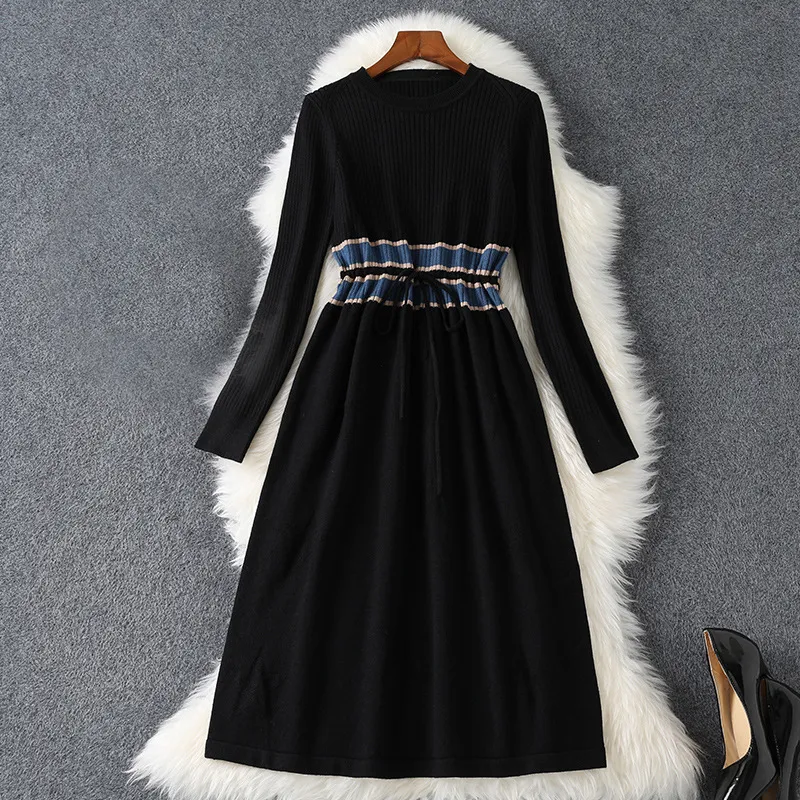 2022 Spring Long Sleeve Round Neck Black Striped Knitted Belted Tie Mid-Calf Dress Elegant Casual Dresses 21S138B446