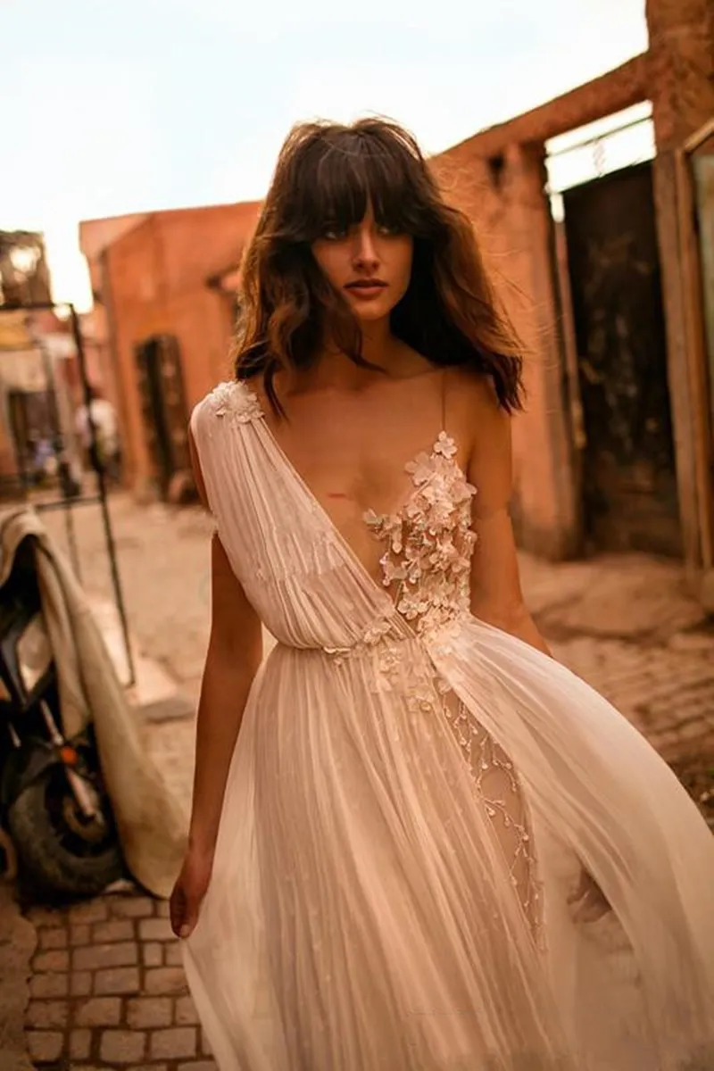 Liz Martinez Sexy Boho Wedding Dresses Bridal Gowns V-Neck See-Through Chiffon Flower Pearls A-Line Vestido de Noiva Praia237Y