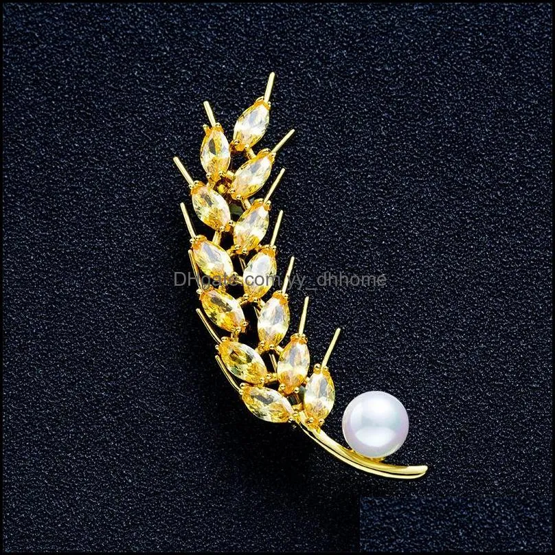Pins, Brooches Long Wheat Ears Large Pearl For Women Gold Color CZ Crystal Marquise Zircon Pins Jewelry Party Gifts