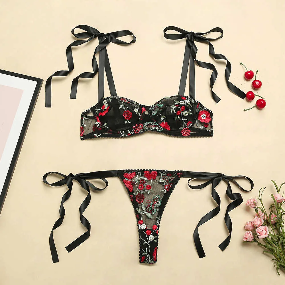 Sexy Floral Lingerie Set Lace Tie Shoulder Embroidered Mesh Bra Set
