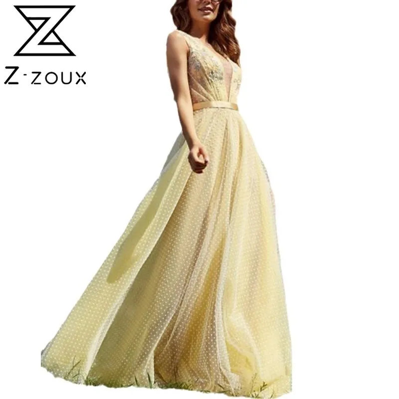 Femmes robe col en V profond dos nu Sexy es sans manches taille haute grand ourlet fête es mode jaune Maxi 210524