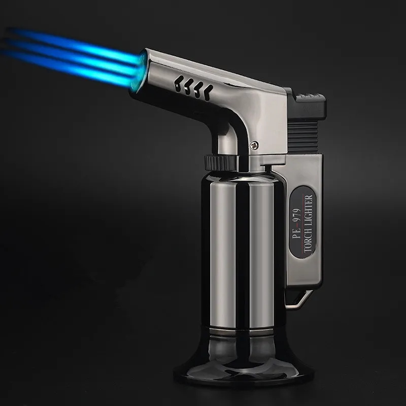 New Triple Torch Lighter Cigar BBQ Turbo Lighter Jet Butane 1300 C Gas Spray Gun Powerful Windproof 3 Nozzles Fire Pipe Kitchen