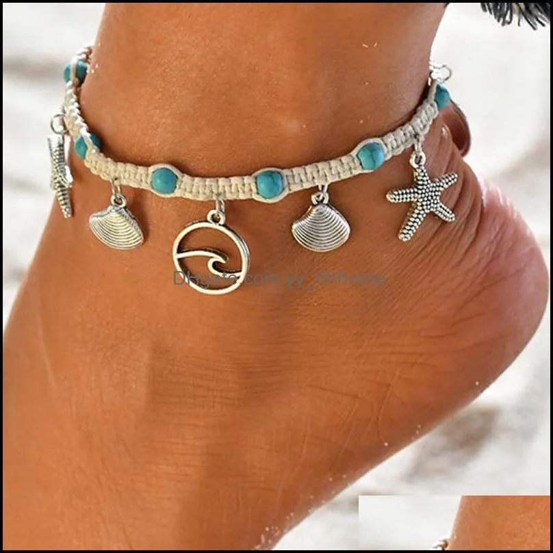 Charm Bracelets Style Starfish Beach Women`s Bracelet Anklet Shell Sea Wave Knitting Pendant Hand And Foot Accessories