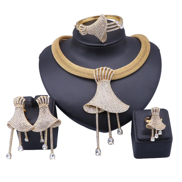 아프리카 골드 크리스탈 신부 웨딩 뉴델 세트 여성 두바이 목걸이 팔찌 귀걸이 반지 의상 보석 세트