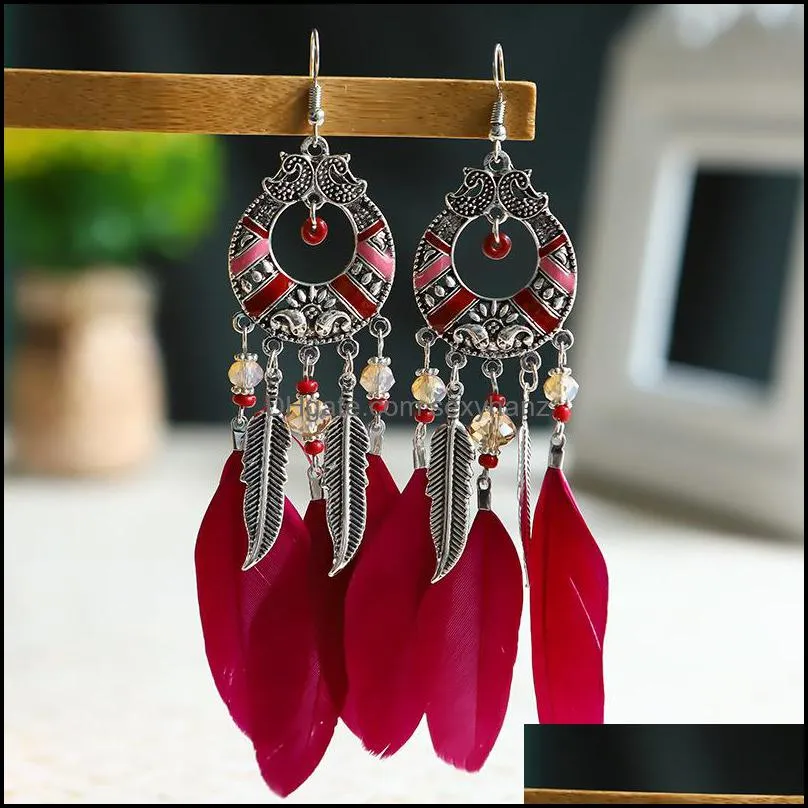 S2548 Bohemian Fashion Jewelry Women`s Feather Tassels Dangle Earrings Romantic Retro Female Ornaments Beaded Feather Earrings