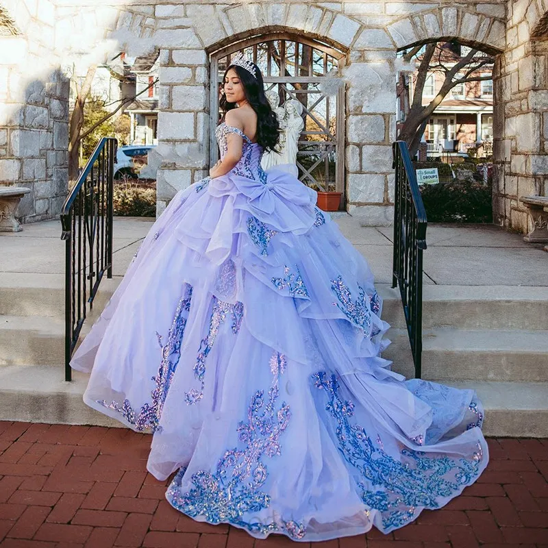 Lavender Quinceanera Dress with Lace Applique and Off-Shoulder Sweet 16  Corset Dress