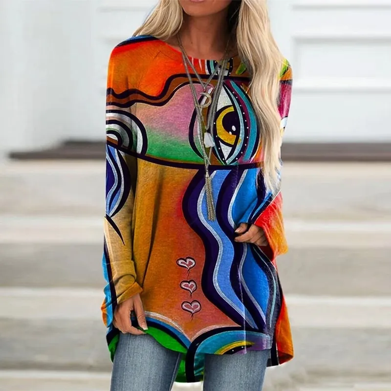 Femininas Solta camiseta Senhoras Tops Rosto Abstrato Do Vintage Impresso Top Tee Camisa de Manga Longa Mulheres Plus Size Pullover Vintage Camisa 210309