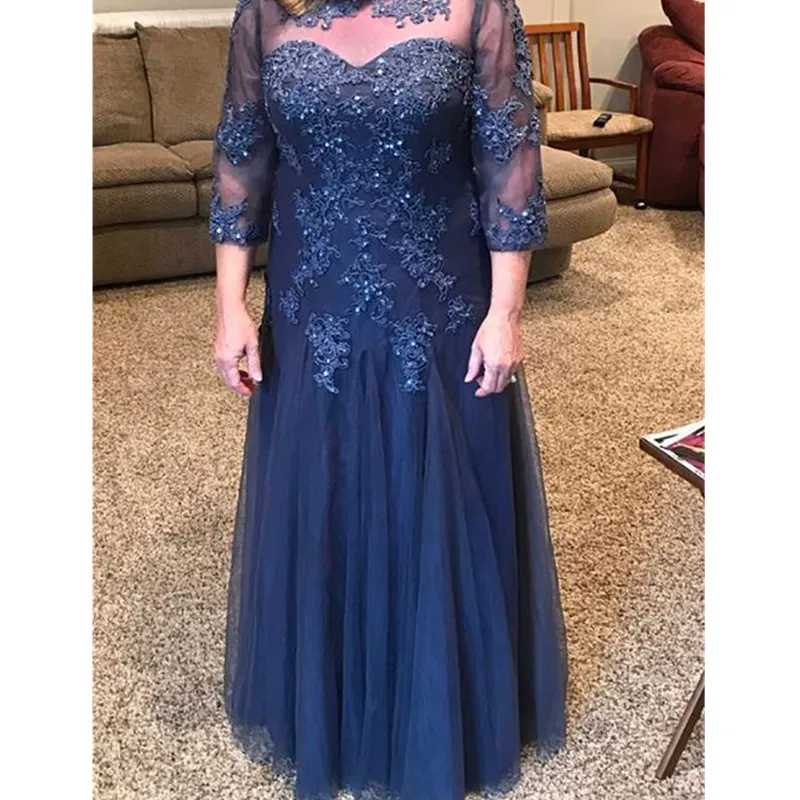 of the Blue Bride Dresses A-line 3/4 Sleeves Tulle Appliques Beaded Plus Size Long Groom Mother Dress for Weddings Mor