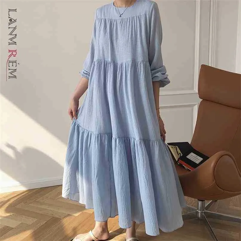 Kvinnor Ljusblå Stor Storlek Mid-Long Dress Round Neck Långärmad Loose Fit Fashion Spring Ankomster 2e1539 210526