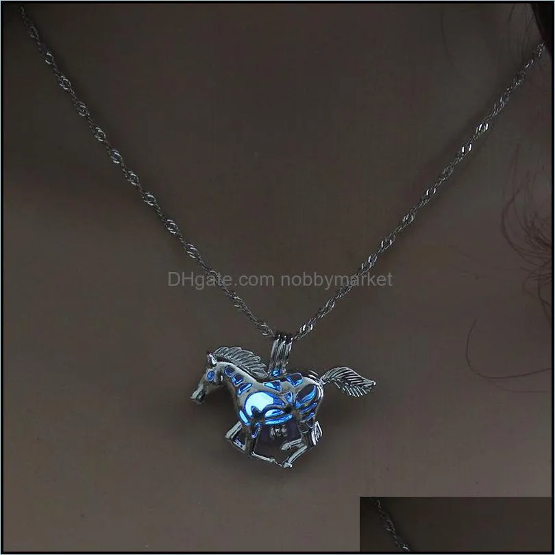 Hot sale Horse pearl cage pendant necklaces glow in the dark Open Hollow luminous animal Charm Locket necklace For women s Fashion