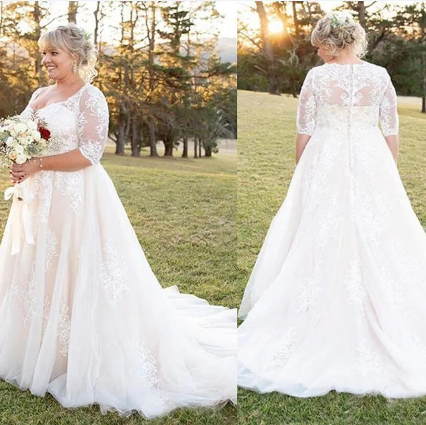 Custom-Made Plus Size wedding gowns with sleeves with Half Sleeves, Lace Applique, Tulle Sweep Train, and Covered Buttons - Perfect for Country