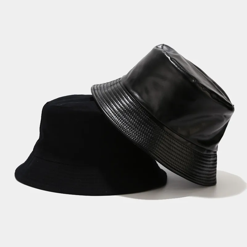 Faux Leather Bucket Hat Reversible Fisherman Hats PU Cotton  display picture 3