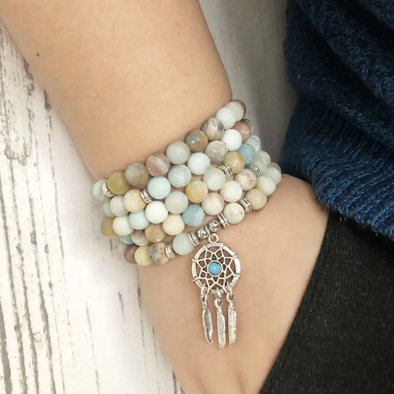 Bracelet Mala Amazonite, pendentif attrape-rêves unisexe, 108 perles de prière, collier et Bracelets en Amazonite mate