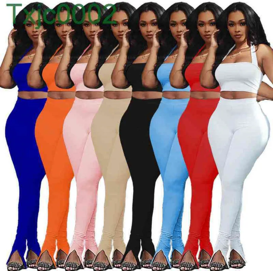Women Two Piece Pants Outfits Designer Tracksuits Slim Sexy Sleeveless Suspenders Tops Leggings Split Neckband Solid Colour 8 Colours