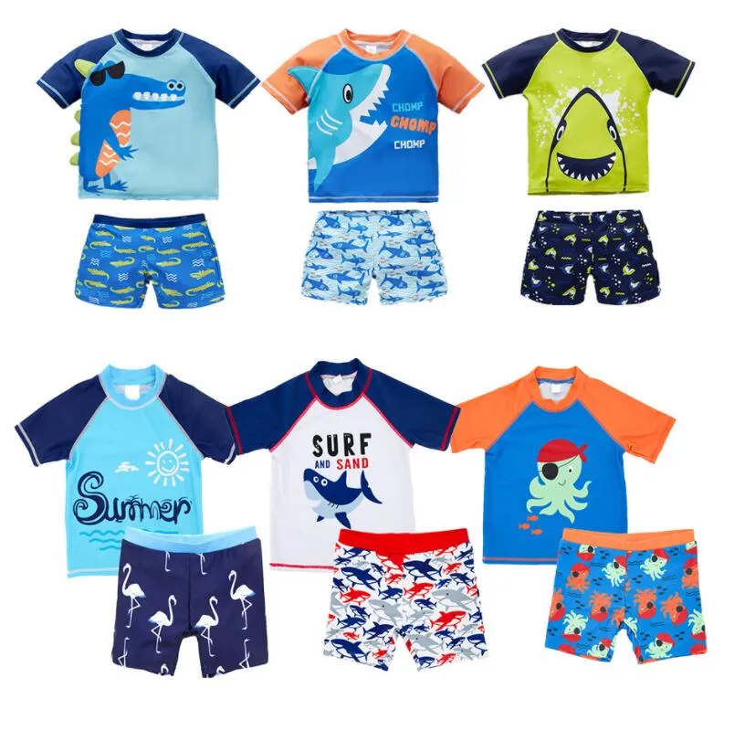 2022 Baby Kids Kläder Swim Två Pieces Sommar Bikini Boy Söt Flower Dinosaur Print Beach Badar 6 Stilar Badkläder